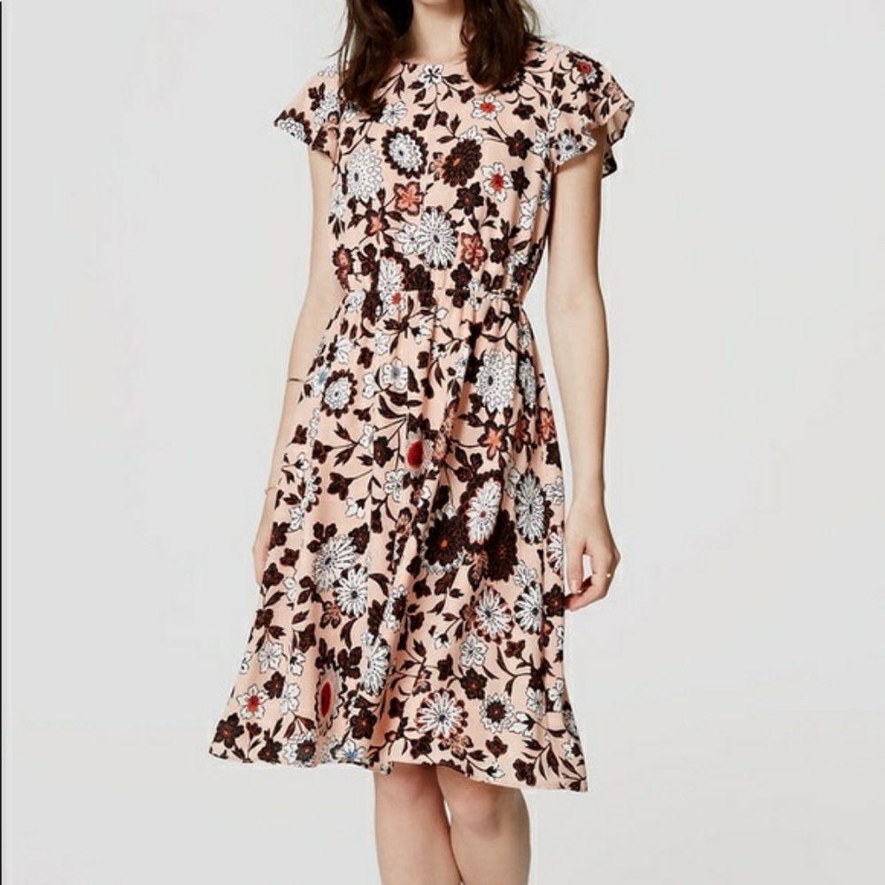 Loft Pink Floral Dress with Flutter Sleeve